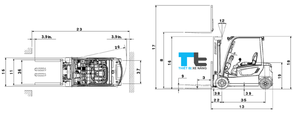 Hình vẽ tổng thể xe nâng điện 2 tấn 4 bánh ngồi lái Doosan